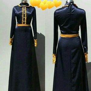 Satin Navy Blue and Mustard Vintage Dress
